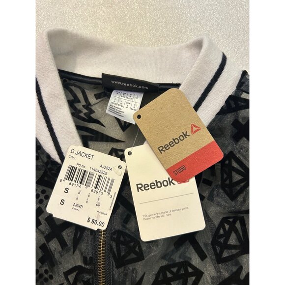 Reebok Studio Womens D Jacket NWT Sheer Black & Coal Graphic Print Bomber Small - Picture 4 of 5